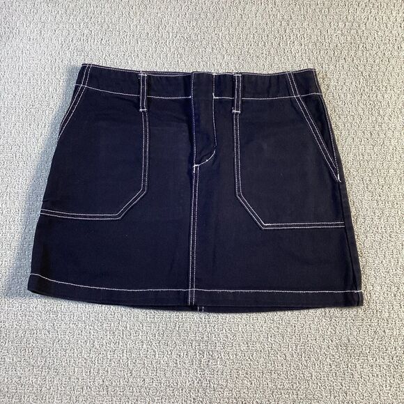 Blue Spice Black Denim Mini Skirt Size 5 Contrast Stitch Pockets - Picture 1 of 4